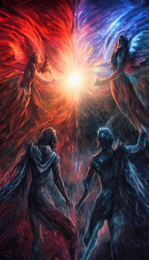 Prompt: the neverending battle between light and dark, angels vs demons, vivid colors, inferno, epic, cinematic, digital art, 4 k, fantasy