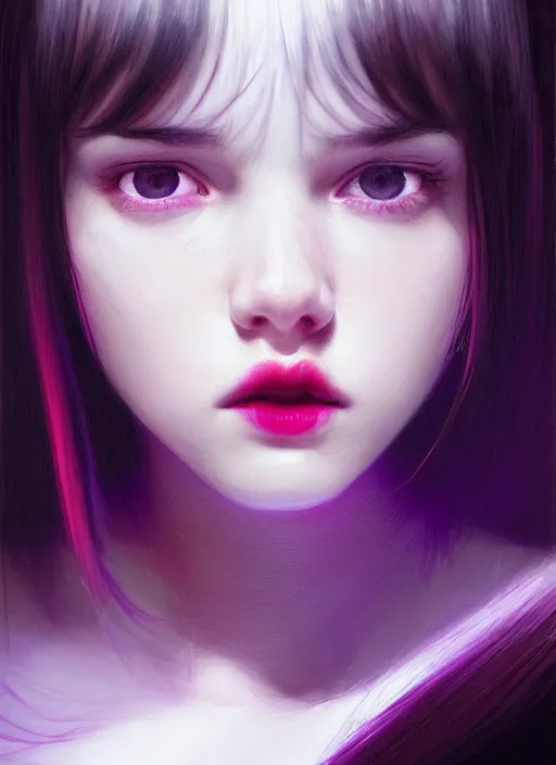 Image similar to portrait of teenage girl, red irises, bangs, black and white hair, white bangs, purple clothes, white bangs, bangs, black hair and white bangs, intricate, elegant, glowing lights, highly detailed, digital painting, artstation, concept art, smooth, sharp focus, illustration, art by wlop, mars ravelo and greg rutkowski