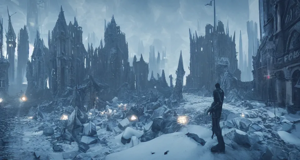 Prompt: giant thick ice spikes grow angular out of the ground in a gothic medieval cyberpunk city, debris flying around, the feeling of grimdark terror and pain, high quality, detailed, 8 k, unreal engine, octane render, trending on artstation