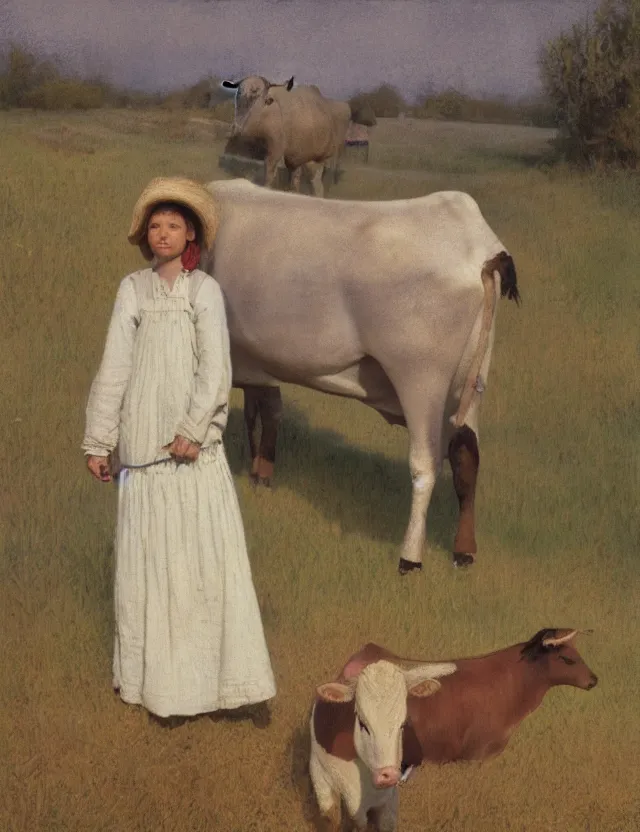 Image similar to portrait of peasant girl and cow on a farm, cottage core, polaroid photo bleached vintage pastel colors high - key lighting, soft lights, foggy, by steve hanks, by lisa yuskavage, by serov valentin, by tarkovsky, 8 k render, detailed, oil on canvas
