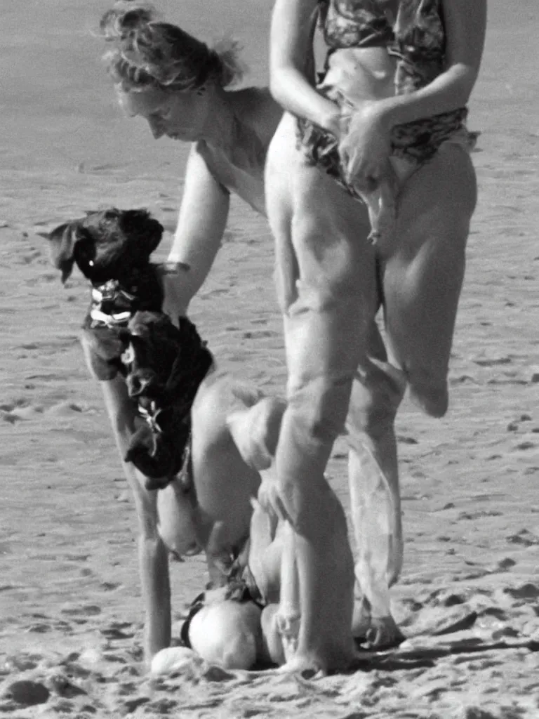 Prompt: a secret photo of mother theresa on the beach in bikini with her dog. she's praying for jesus. highly detailed. pretty. full body hyperrealistic photo. sexy.