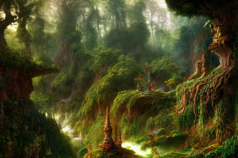 Prompt: a beautiful and highly detailed digital painting of an elven construction in a lush valley in the misty mountains, psychedelic patterns, intricate details, epic scale, 8 k, sharp focus, photorealism, artstation, cgsociety, by caspar friedrich, albert bierstadt, james gurney, brian froud,