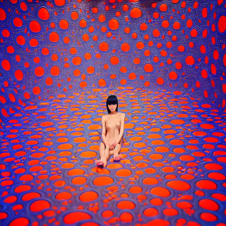 Image similar to realistic detailed image of a japanese model laying in a padded room, 8 k conjuring psychedelic background, part by yayoi kusama, part by alex gray, part by ross tran, part by james jean, ultra realistic, highly detailed, life like face, detailed body, 8 k, octane render, trending on artstation, very cohesive, masterpiece