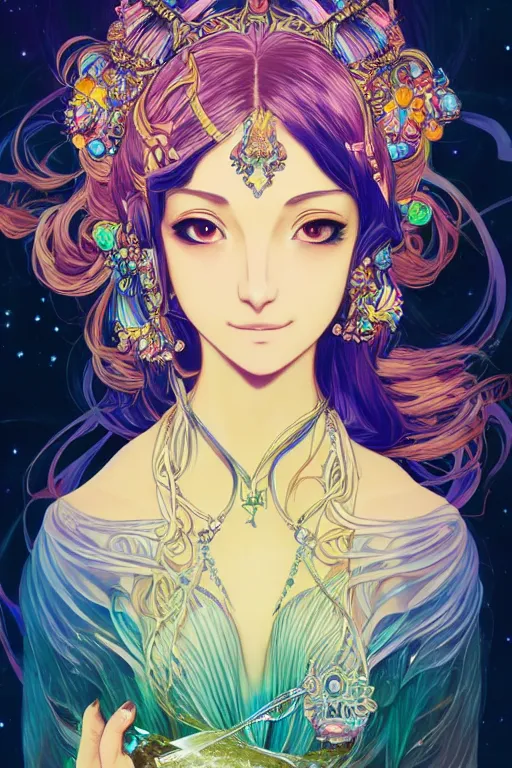Image similar to psychedelic, intricate, highly detailed, anime, 4k, beautiful seductive woman holding a crystal containing the universe, with professional makeup, long trippy hair, surrounded by gems, underneath the stars, trending on patreon, deviantart, twitter, artstation, volumetric lighting, heavy contrast, by artgerm and Ilya Kuvshinov and alphonse mucha