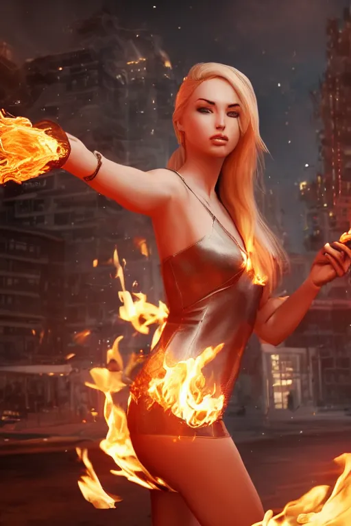 Prompt: gorgeous blonde woman with fire in her hand, futurist city, realistic, high definition, many details, art of unreal engine 5