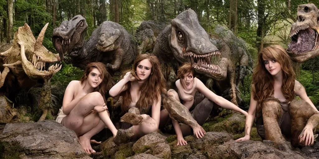 Prompt: photo, three hairy fat cave people, emma!! watson!!, looking at camera, surrounded by dinosaurs!, gigantic forest trees, sitting on rocks, bright moon, birthday cake on the ground, front close - up view of her face