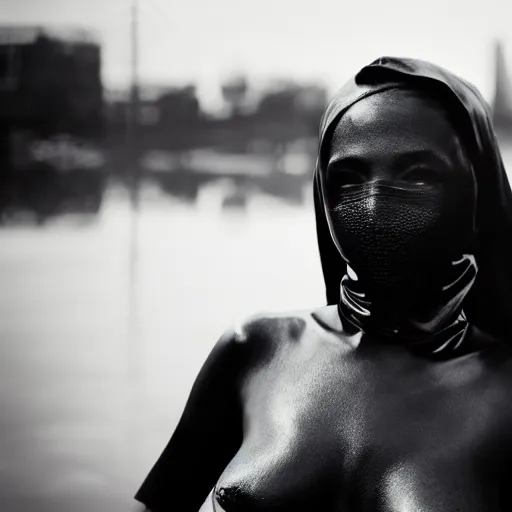 Image similar to beautiful female body silhouette, beautiful portrait, photography by amy leibowitz and filip fedorov, black latex female balaclava, female calendar, body painted with black fluid, urban city photography, close up portrait, cinematic still, film still, magic hour, dark mood, fashion portrait, cold colors, sony, kodak, long exposure