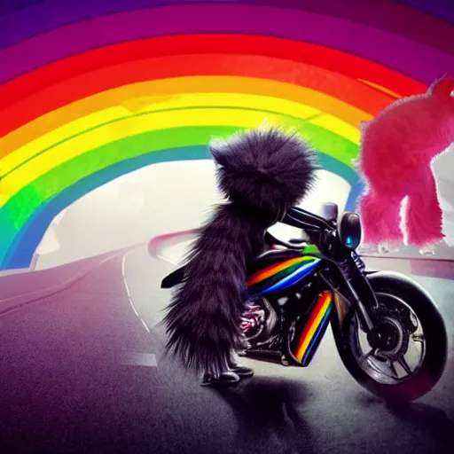 Image similar to wide angle full body, jacket wearing fluffy cute rainbow kitten wearing a black leather motorcycle jacket, riding on a motorcycle, cinematic concept art