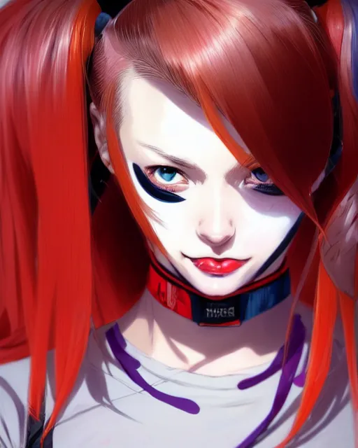 Prompt: portrait Anime as modern harley-quinn character girl cute-fine-face, brown-red-hair pretty face, realistic shaded Perfect face, fine details. Anime. realistic shaded lighting by Ilya Kuvshinov katsuhiro otomo ghost-in-the-shell, magali villeneuve, artgerm, rutkowski, WLOP Jeremy Lipkin and Giuseppe Dangelico Pino and Michael Garmash and Rob Rey