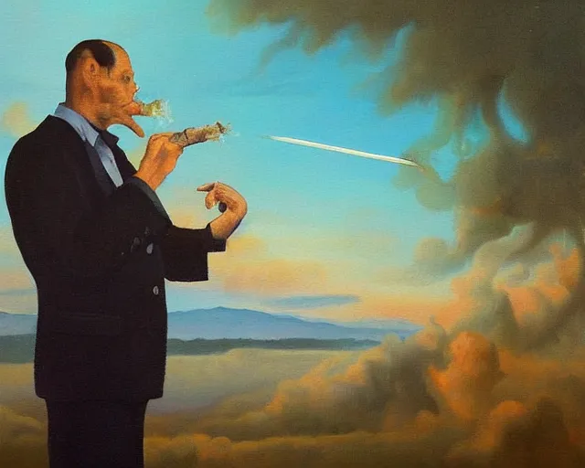 Image similar to a surreal painting of man smoking a joint