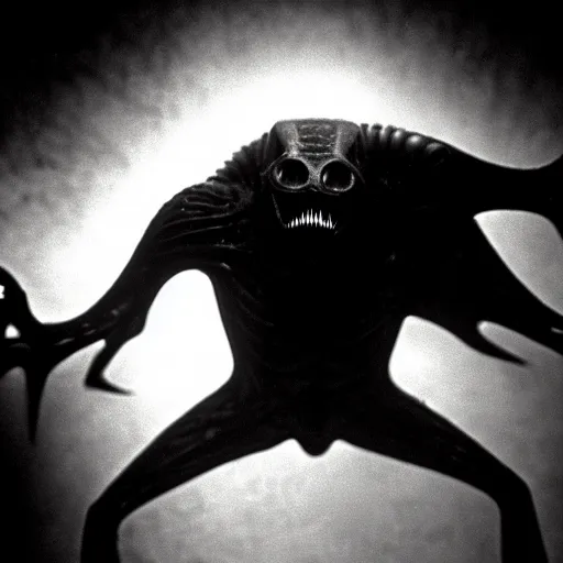 Image similar to a close - up, ultra detailed black & white studio photographic portrait of a loud screeching giant, bat - like creature flying towards you, you are exploring an alien planet and come across a strange, dark cave, dramatic backlighting, 1 9 7 3 photo from life magazine, by keith thompson, h. r. giger,