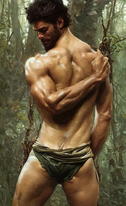 Image similar to god of the forest, 30 years old, rugged, male, gorgeous, detailed face face face face, amazing, thighs thighs thighs thighs, muscular, intricate, highly detailed, digital painting, artstation, concept art, sharp focus, illustration, art by greg rutkowski and alphonse mucha