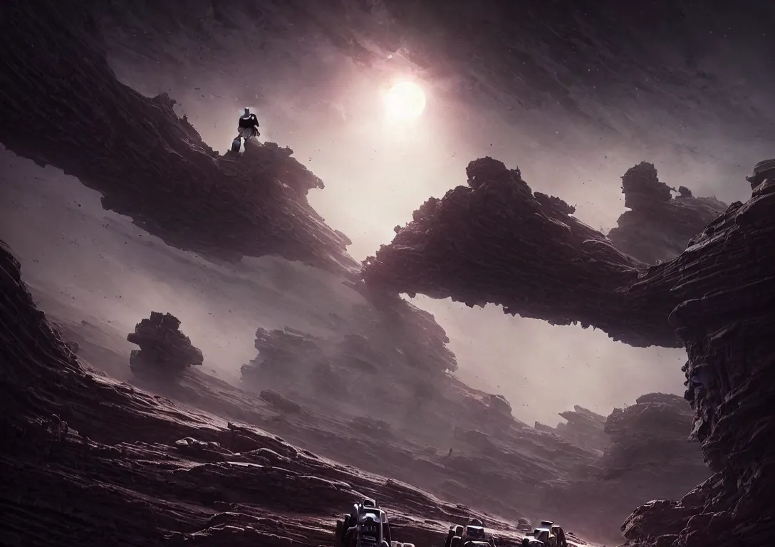 Image similar to ( ( astronaut exploring a strange surface of another planet at dusk ) ), ( ( ruins of ancient civilization ) ), ultra high definition, ultra detailed, symmetry, sci - fi, dark fantasy, in style of heavy metal comic, dark and horror style, metal by greg rutkowski and ross tran
