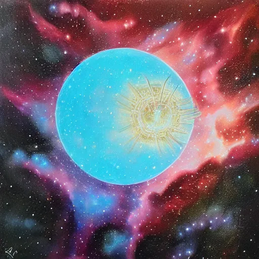 Prompt: highly detailed artwork, dyson sphere, deep cyan background nebula, acrylic painting
