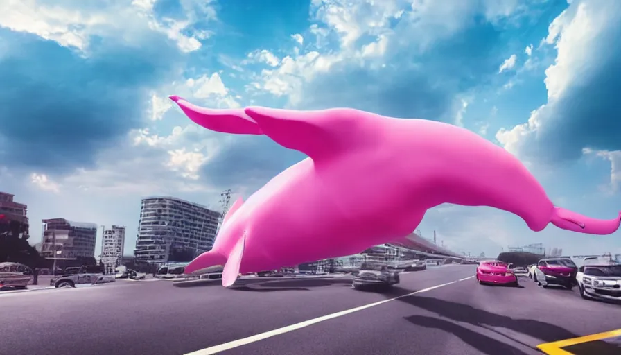 Image similar to a giant pink whale falling out of a blue sky onto cars on a busy bridge, cinematic lighting