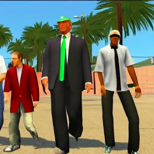 Image similar to donald trump in gta san andreas, grove street, in game screenshot