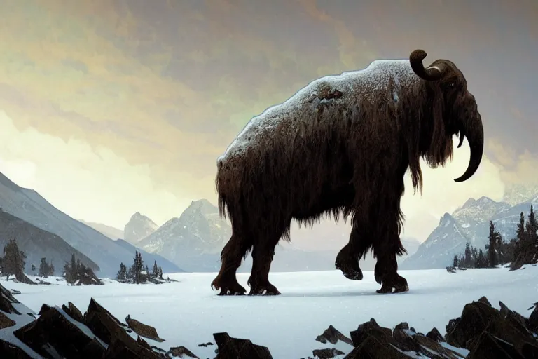 Image similar to a mammoth walking in a terrible snowstorm, luminous sky, by greg rutkowski and alphonse mucha, gradient brown to white, rocky mountains background, highly detailed landscape, digital painting, artstation, concept art, smooth, sharp focus illustration