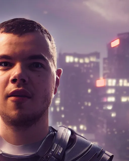 Prompt: rex orange county as a superhero in a dystopian city, aesthetic octane render, 8 k hyperrealistic, futuristic