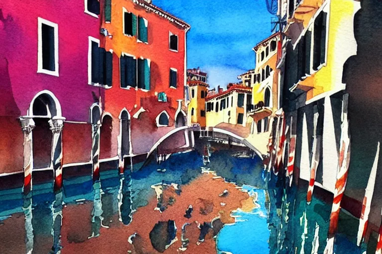 Image similar to !! watercolor!! venice in a sunny day, colorful high contrast,!! very coherent!!, dark shadow, thick lineart