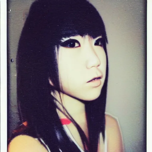 Prompt: polaroid photograph of a japanese girl with emo makeup and long hair, bangs