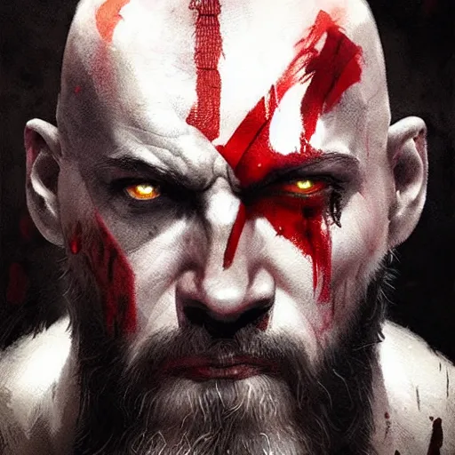 Image similar to kratos portrait, bleeding, by greg rutkowski, cinematic view, great light