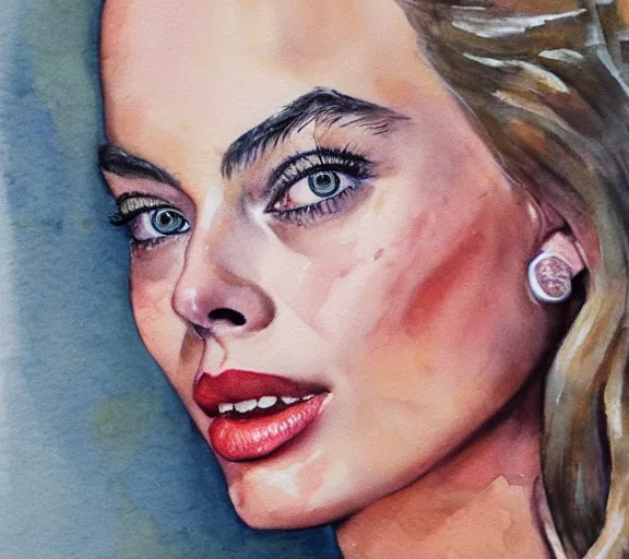 Image similar to A realistic portrait of margot robbie, watercolor art, highly detailed, trending on artstation