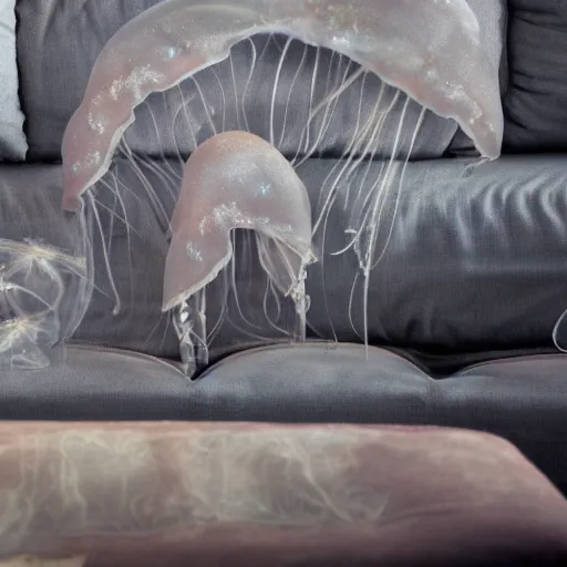 Image similar to a whole bunch of jellyfish smeared on the sofa in the living room, realistic, hdr, clear image, hdd, dynamic lighting, rtx on,