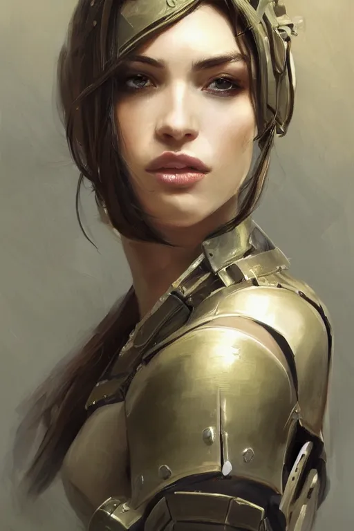 Prompt: a professionally painted portrait of an attractive young woman, clothed in military armor, olive skin, long dark hair, beautiful bone structure, symmetrical facial features, intricate, elegant, digital painting, trending on Artstation, concept art, smooth, sharp focus, illustration, from Metal Gear by Ruan Jia and Mandy Jurgens and Artgerm and William-Adolphe Bouguerea, award winning