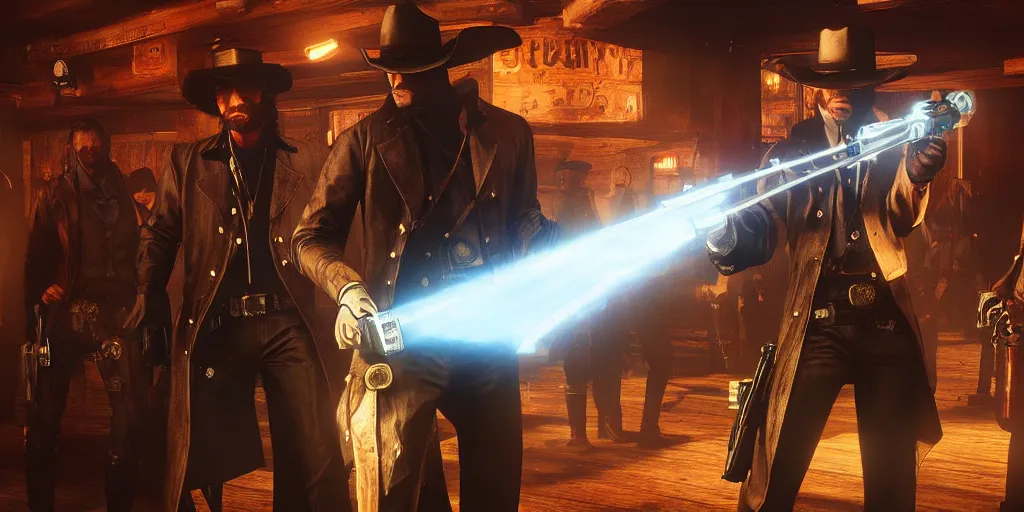 Image similar to a futuristic cowboy holding a glowing revolver to his enemies in a steampunk themed bar, red dead redemption 2, trending on artstation, digital art, award winning, cinematic lightning, god rays