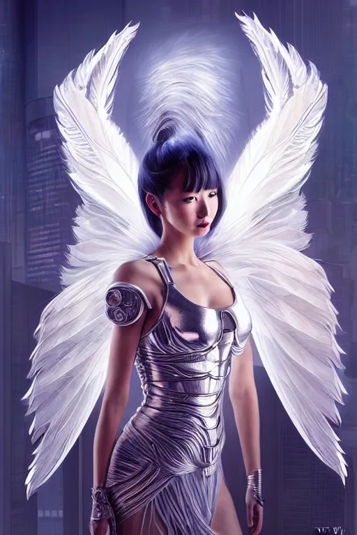 Image similar to portrait futuristic angel Girl with halo and wings and feathers and silver mirror armor, in future cyberpunk tokyo rooftop , ssci-fi, fantasy, intricate, very very beautiful, elegant, human anatomy, human structure, neon light, highly detailed, digital painting, artstation, concept art, smooth, sharp focus, illustration, art by tian zi and WLOP and alphonse mucha