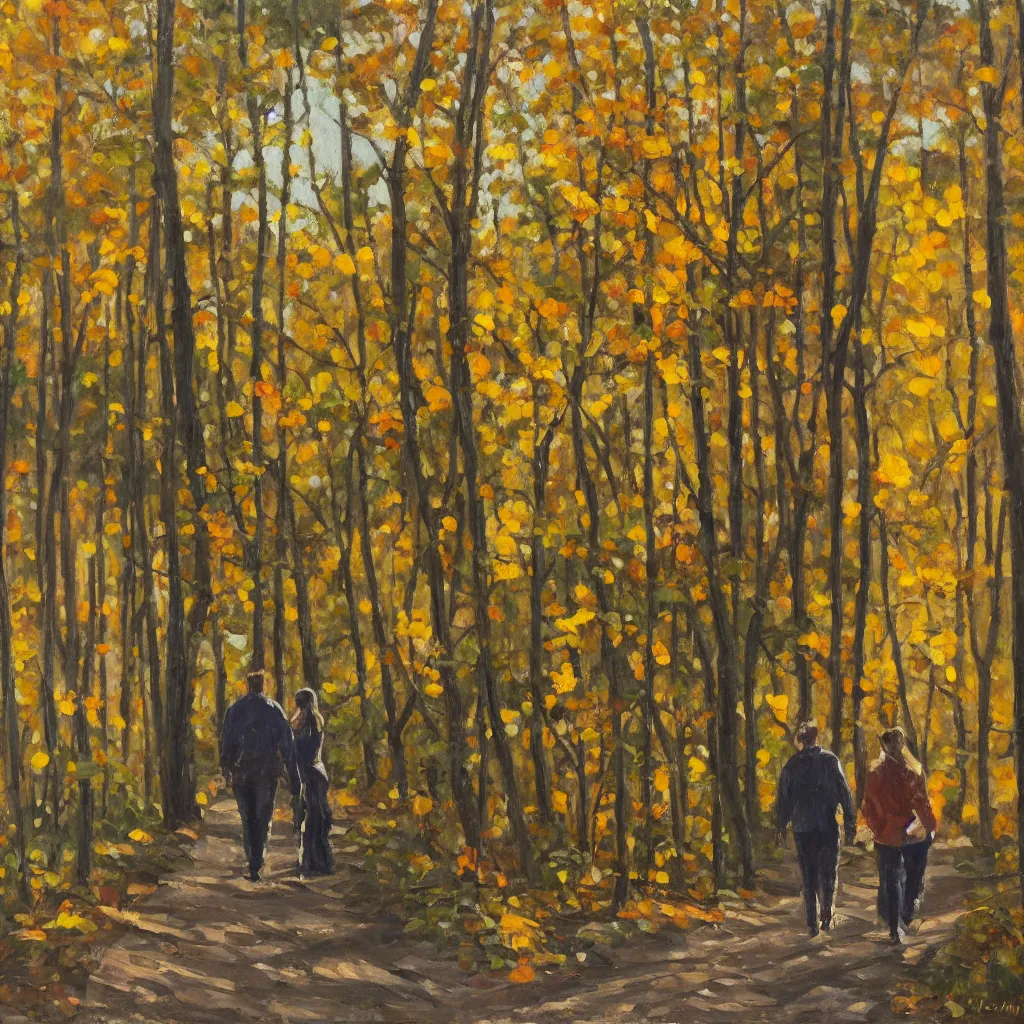 Image similar to modern american realist oil painting of couple walking together in the late afternoon golden hour light in the dense forest of gatineau park in october