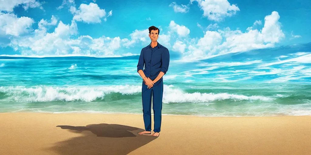 Image similar to a handsome guy is standing tall, in a beautiful shirt, with the beach, sea, sun, rays in the background? super detail, one character