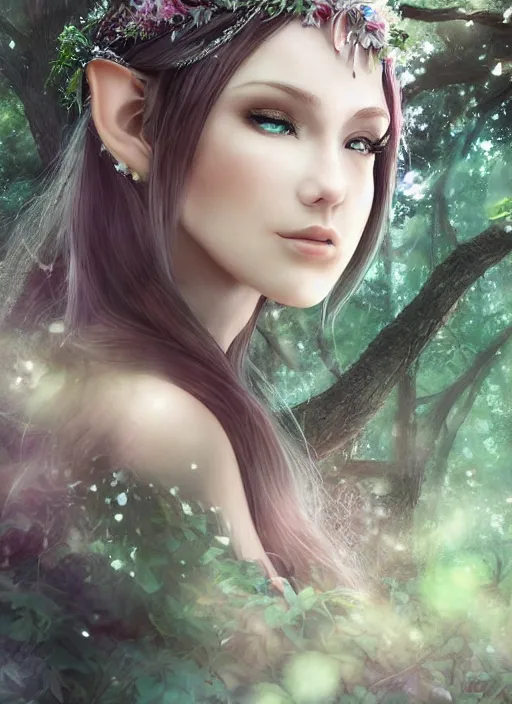 Image similar to beatiful ethereal elf princess in an enchanted forest, 3/4 side view, hair jewellery, fully clothed, light mist, light rays sieving through the trees, shallow depth of field, focus on the face, coherent composition, no watermark, by Yuumei, by Artgerm, by WLOP