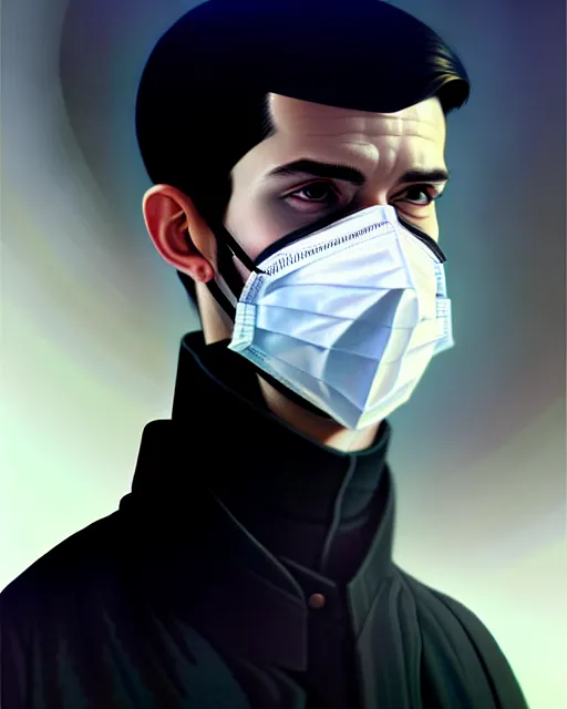 Image similar to a ultradetailed beautiful panting of a european young man wearing black medical mask and black long coat, by ilya kuvshinov, greg rutkowski and makoto shinkai, trending on artstation