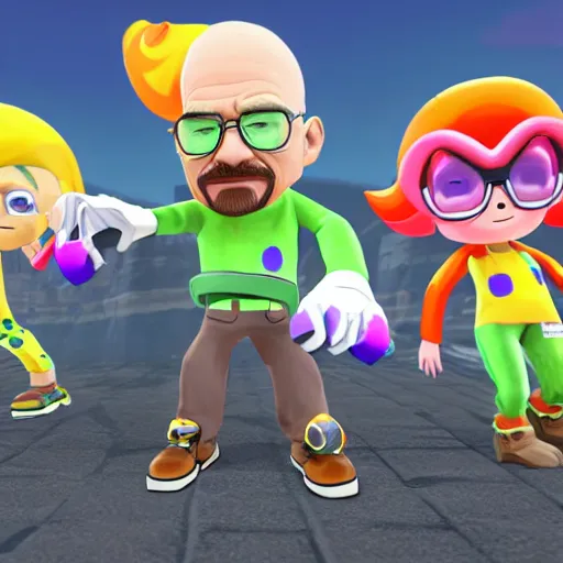 Prompt: walter white in the style of a splatoon character, in game screenshot, unreal engine, high definition