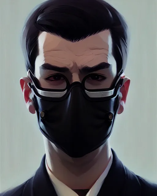 Image similar to a ultradetailed beautiful panting of a stylish man wearing black medical mask, by ilya kuvshinov, greg rutkowski and makoto shinkai, trending on artstation