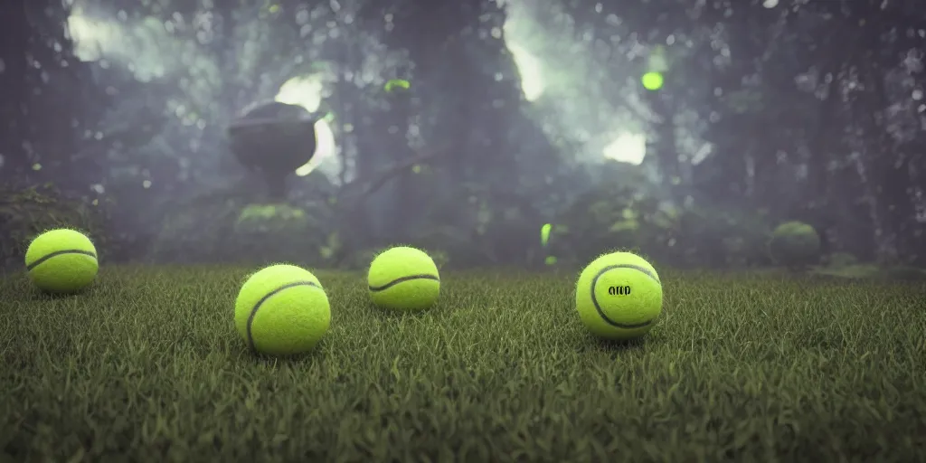 Image similar to a photo of 8 k ultra realistic tennis ball monster, tennis ball monsters, exotic, cinematic lighting, trending on artstation, 4 k, hyperrealistic, focused, high details, unreal engine 5, cinematic, alien planet atmosphere in background, 3 d render by basil gogos and beeple