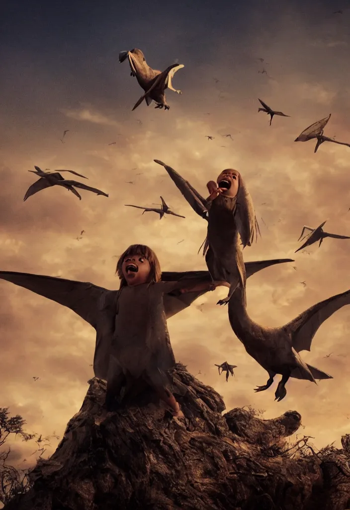 Prompt: a scared child looking at a pterodactyle flying in the sky in the style of a movie poster, realistic, super detailed, cinematographic, epic lighting