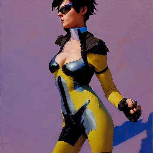 Image similar to greg manchess painting of tracer wearing a latex suit, medium shot, organic painting, sunny day, matte painting, bold shapes, hard edges, street art, trending on artstation, by huang guangjian and gil elvgren and sachin teng