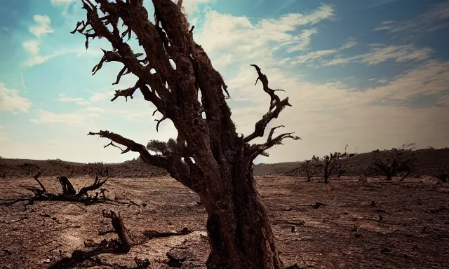 Image similar to medium shot of a nondescript crying ancient dried up Danu, peaceful, facing the camera and standing in front of a dried up river in a desolate land, dead trees, blue sky, hot and sunny, highly-detailed, elegant, dramatic lighting, artstation, 4k, cinematic landscape, photograph by Elisabeth Gadd