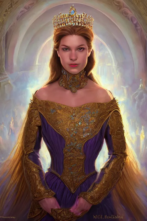 Prompt: portrait of an princess, painting by michael wellen, john stephens, in a resplendent throneroom, tone mapping, trending on artstation