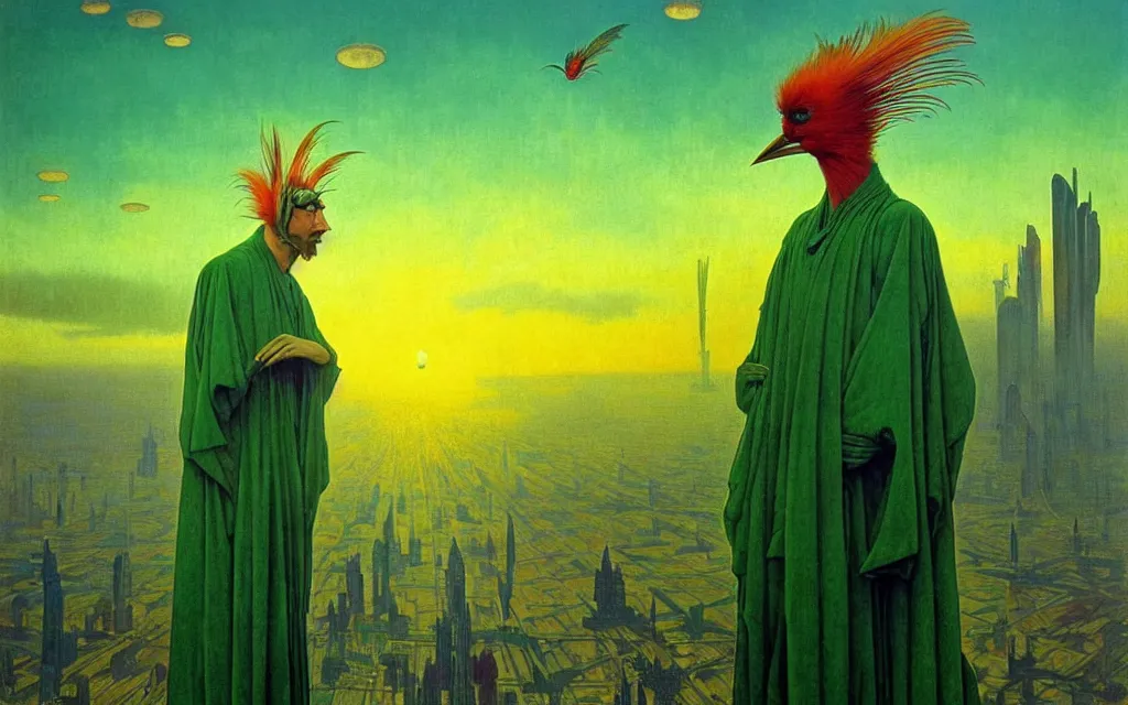 Image similar to realistic detailed portrait movie shot of a birdman wearing green robes, futuristic city sunset landscape background by denis villeneuve, yves tanguy, alphonse mucha, ernst haeckel, max ernst, roger dean, masterpiece, rich moody colours, feathers, ethereal, occult, blue eyes