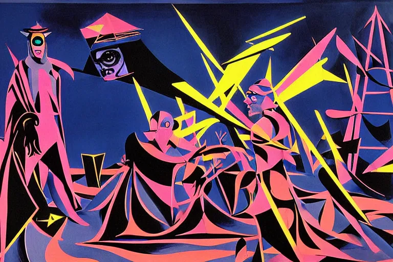 Image similar to a beautiful masterpiece painting of the technomancer wizard in dazzle camouflage robes with pointed hoods and his ai djinn performing psychic television on a crt tv by remedios varo and anato finnstark and greg rutkowski and andy warhol and francis picabia, dayglo pink, dayglo blue, dazzle camouflage, glowing, pearlescent white, raven black