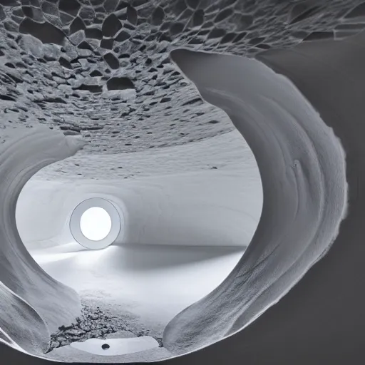 Image similar to a circular portal structure in the centre of an abandoned white cave full of geodes, beautiful curves, golden ratio, epic lighting, unusual composition, 4 k, zaha hadid, irakli nadar