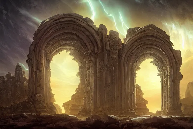 Prompt: beautiful detailed digital matte painting of massive stone arched glowing electric astral gateways, carved temple ruins, by Raphael LaCoste and Hubert Robert and Anato FinnStark, epic architecture, diffusive magic, carved stone, intricate detail, gothic, romanesque, futuristic, dark rainbow