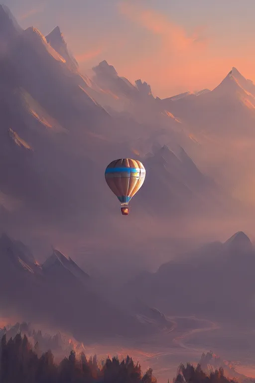 Image similar to sunrise mountain water hot air balloon digital art by bo xun lin trending on artstation