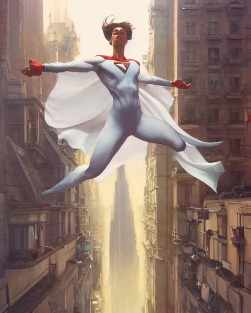 Image similar to wide angle of superhero - white cape levitating over the street below, arms spread wide, highly detailed, digital painting, artstation, concept art, smooth, sharp focus, illustration, art by artgerm, greg rutkowski, alphonse mucha, j. c. leyendecker