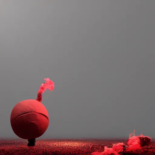 Prompt: man made of smoke in the style of no known artist stands on a red rubber ball, octane render, dramatic lighting, cinematic