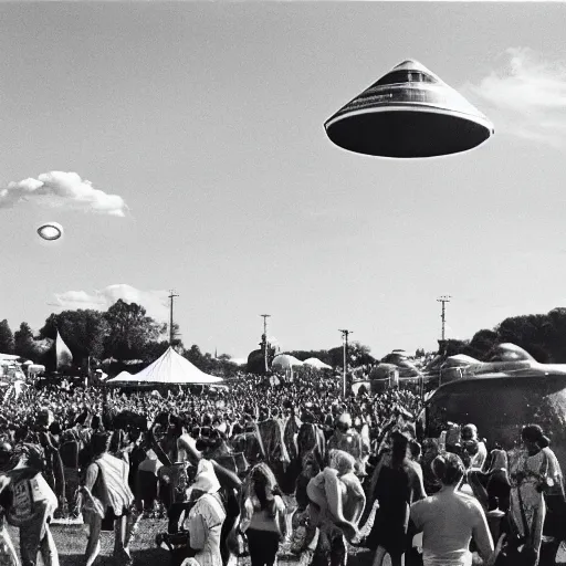 Image similar to a picture of an ufo above an hippie festival in the 6 0's, black and white