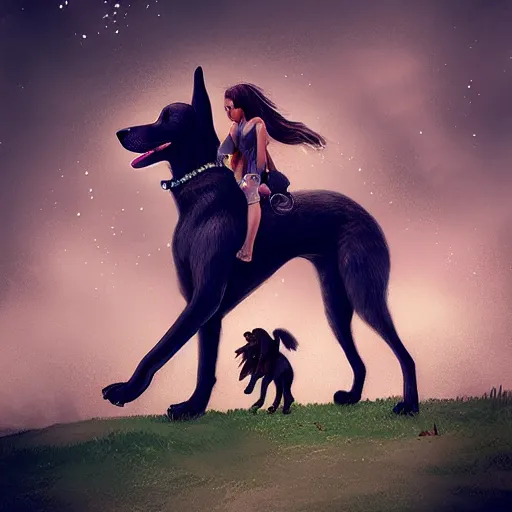 Image similar to girl riding a giant dog in the park, trending on artstation